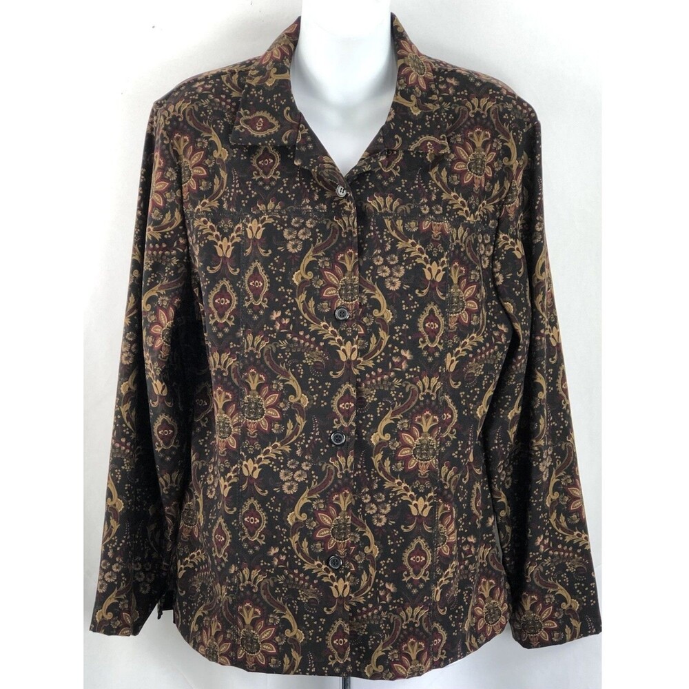 Vintage buttonUp top 10 Blk/Red floral longsleeve cottage retro boho hippie